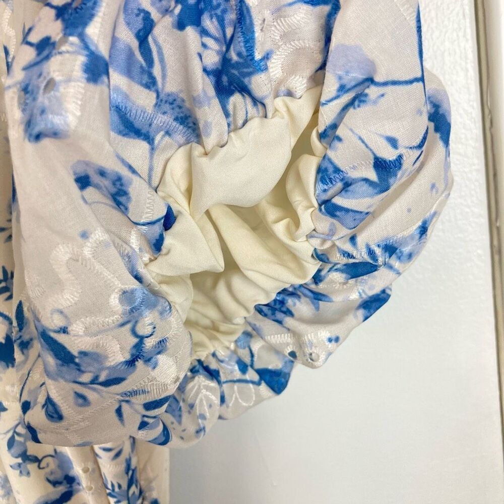 Sam Edelman Floral Embroidered Eyelet Puff Sleeve Mini Shirtdress White Blue, 14 - Picture 6 of 13